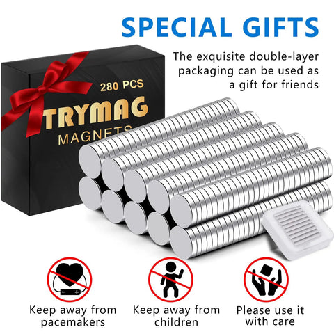 280 Piece Strong Neodymium Round Magnets 0.2x0.04 Inch set with gift box and safety instructions.