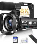 8K Video Camera Camcorder With 48MP Photos, 15FPS UHD, WiFi Vlogging Camera For YouTube showcasing lens, mic, stabilizer, remote, batteries.