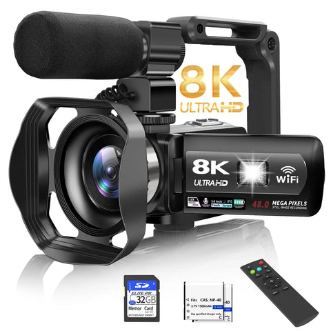 8K Video Camera Camcorder With 48MP Photos, 15FPS UHD, WiFi Vlogging Camera For YouTube showcasing lens, mic, stabilizer, remote, batteries.
