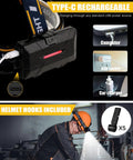 Go-To Rechargeable Headlamp With 8 LED Lights showing USB charging options and helmet clips, ideal for outdoor activities.