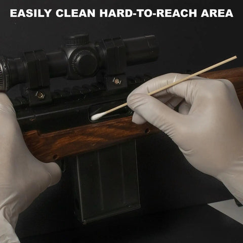 Pro Grade Gun Cleaning Kit With 600 Patches And 600 Swabs Lint Free And Highly Absorbent Cotton 6 Inch Swabs In Use