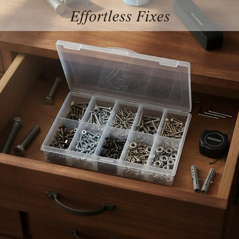 M2 To M20 Metric Fastener Set With Carbon Steel And Stainless Steel Screws Nuts In Storage Box For Furniture Assembly Cabinet Tightening Hinge Fixes And Everyday Home Fixups, open organizer in wooden drawer