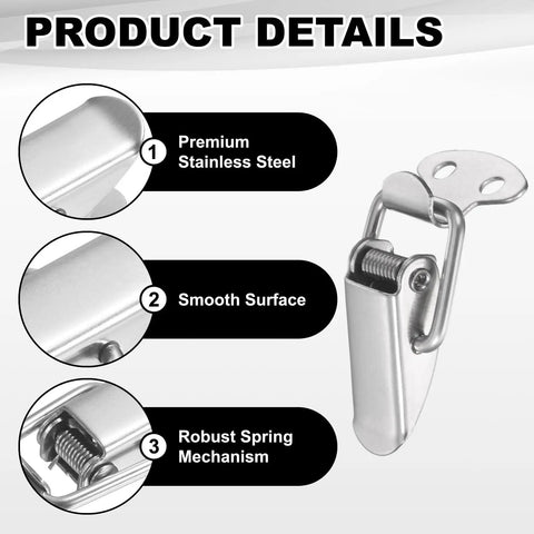 4 Pack Stainless Steel Spring Loaded Toggle Latches With Mounting Screws For Cabinets Tool Boxes Chests Barn Doors And Wooden Cases Built Tough For Everyday Use; product details showing latch, spring mechanism, and premium stainless steel material.