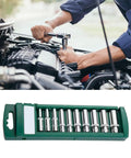 Mechanic using Workhorse Car Socket Tool Kit, 10-Piece Set for maintenance, 45 steel wrenches, in engine area; kit displayed below.