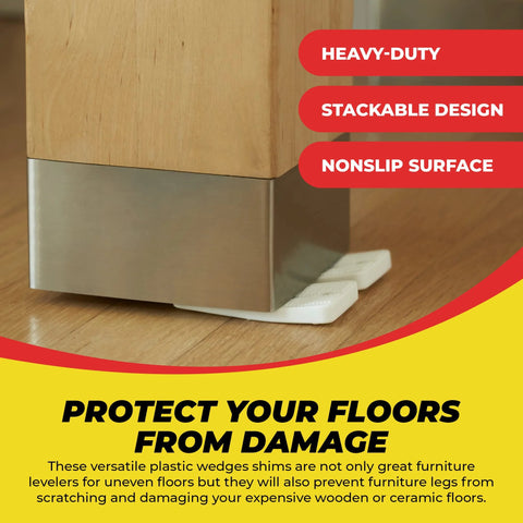 Installed under a wooden cabinet leg on hardwood floor; white plastic leveling shims, 20-pack.