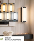 Tipace Hardwired Modern Black LED Wall Sconce Indoor Wall Light Fixture showing 5 color temperature options on a wall.