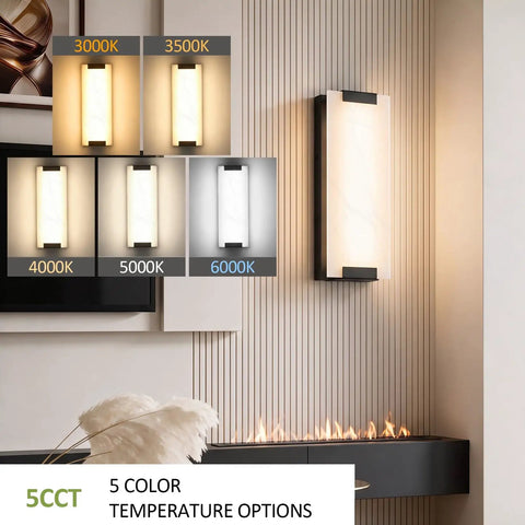Tipace Hardwired Modern Black LED Wall Sconce Indoor Wall Light Fixture showing 5 color temperature options on a wall.