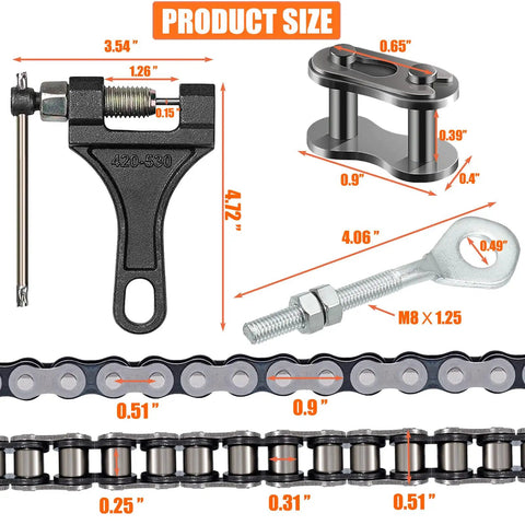 Heavy Duty 420 Motorcycle Chain With 132 Links Plus Chain Breaker And 0.4 Inch Axle Adjuster For 110cc 125cc Dirt Pit Bike ATV Quad Go Kart Mini Bike Scooter; components and dimensions shown