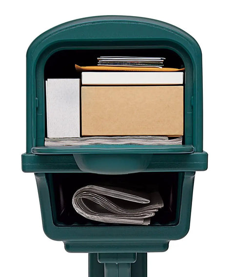 Open view of Big Capacity Double-Wall Plastic Green Mailbox And Post Combo Kit, showing parcels and envelopes inside.