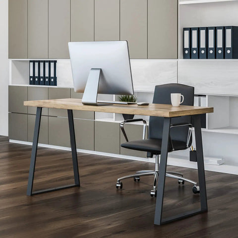 Modern office desk with 28 Inch Trapezoid Metal Desk Legs Built To Last Heavy Duty Iron Tube With Reinforced Gussets.