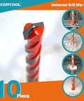 Cortool 10-piece universal masonry drill bit set with carbide-tipped orange-gray bits and storage case front view