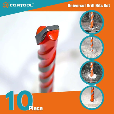 Cortool 10-piece universal masonry drill bit set with carbide-tipped orange-gray bits and storage case front view
