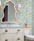 Badass Botanical Modern Vinyl Wallpaper With Smooth Leather Texture Heavy Duty Commercial Wallcovering Custom Printed Just For You For Offices Hotels And Major Event Spaces in elegant bathroom setting with mirror and vanity.