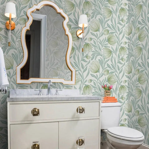 Badass Botanical Modern Vinyl Wallpaper With Smooth Leather Texture Heavy Duty Commercial Wallcovering Custom Printed Just For You For Offices Hotels And Major Event Spaces in elegant bathroom setting with mirror and vanity.