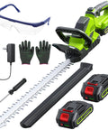 Cordless 20 Inch Hedge Trimmer With Battery Pack, 3000 RPM Brushless Motor, gloves, charger, and safety goggles.