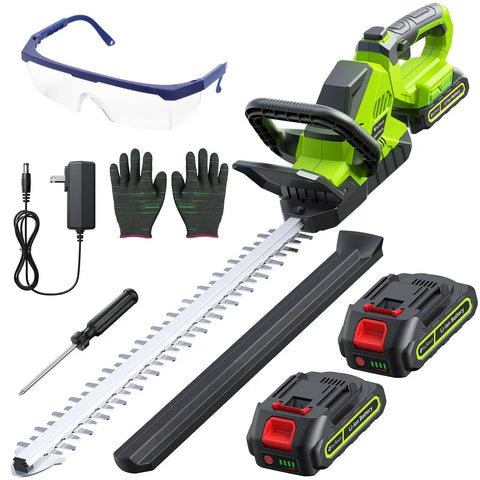 Cordless 20 Inch Hedge Trimmer With Battery Pack, 3000 RPM Brushless Motor, gloves, charger, and safety goggles.