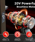 Cordless Impact Driver Set With 20V Brushless Power internal view showing motor components, max torque 1550 In Lbs, 2500 RPM