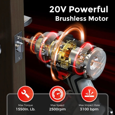 Cordless Impact Driver Set With 20V Brushless Power internal view showing motor components, max torque 1550 In Lbs, 2500 RPM