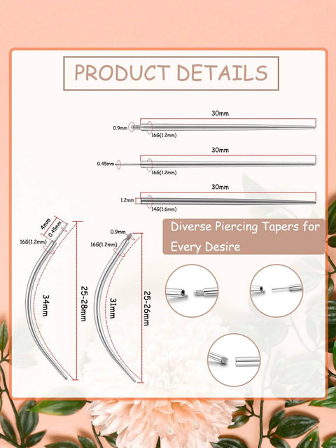 Pro Grade All In One Piercing Taper And Ball Grabber Tool Set 14G Through 20G details; includes diverse tapers, sizes 31mm to 34mm.