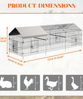 Dimensions diagram of Heavy Duty Metal Chicken Run And Coop System With 86 Inch Or 130 Inch Lengths. Animal size guide shown.