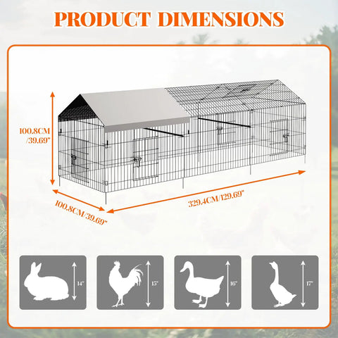 Dimensions diagram of Heavy Duty Metal Chicken Run And Coop System With 86 Inch Or 130 Inch Lengths. Animal size guide shown.