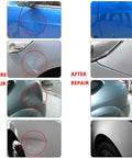 Before and after images showcasing car dents repaired with the Heavy Duty 800W Paintless Dent Repair Hammer With Digital Display Plus Gloves.