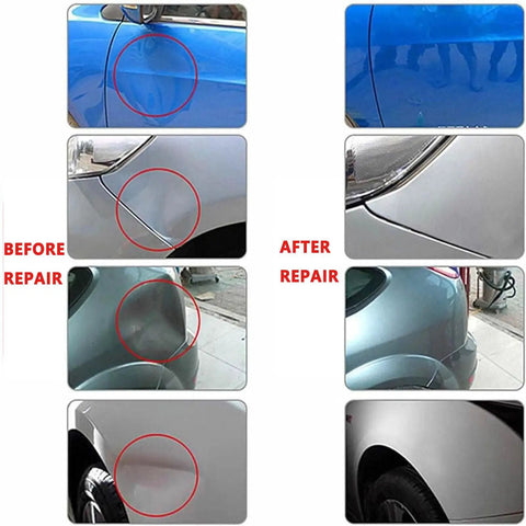 Before and after images showing repairs using Pro Grade Paintless Dent Repair Kit With Heavy Cut Resistant Gloves Fast Auto Body Straightener.
