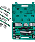 9 Piece Auto Body Hammer And Dolly Kit For DIY Dent Repair with tools in green carrying case, heavy-duty steel construction.
