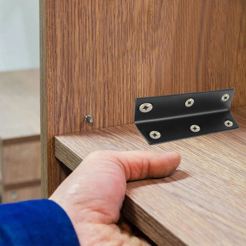 Heavy Duty Stainless Steel Corner Shelf Brackets 4 Pack L Shaped 90 Degree Right Angle Braces attaching to wooden shelf