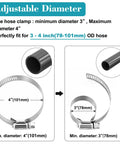 Diagram showing heavy duty stainless steel hose clamps 3 to 4 inches adjustable for 78-101mm OD hose with annotations on size measurements.