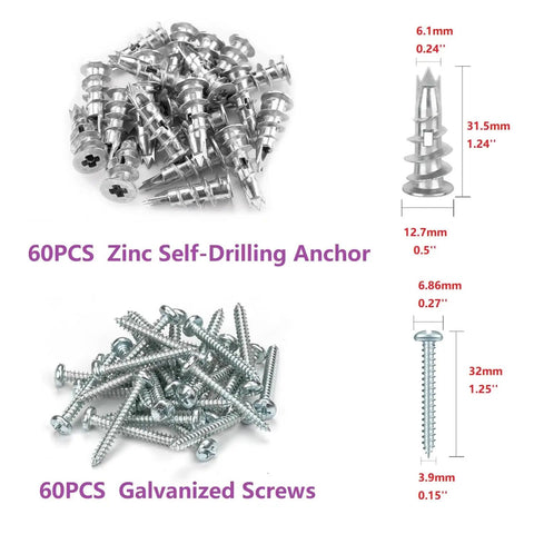 120 Piece Zinc Alloy Drywall Anchor Kit With 60 Self Drilling Anchors And 60 Expansion Screws For Drywall Hollow Brick And Lightweight Partition Walls No Pre Drilling Fast Installation For Diyers 60pcs self-drilling anchors and screws set