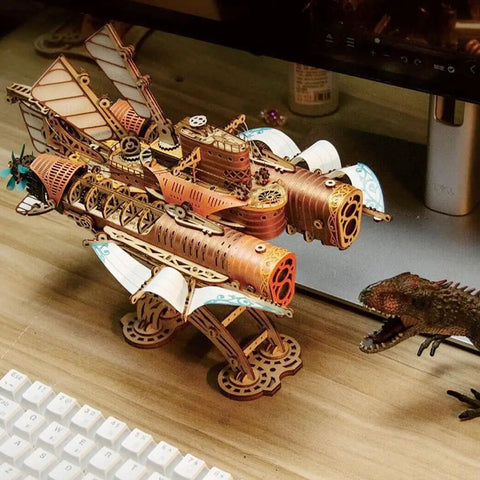 Ultimate 3D Wooden Puzzle Kit For DIYers, Handcrafted Spaceship Model, Steampunk Airship Build With 400 Plus Precision Cut Parts
