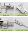 All-Metal Digital Caliper 0 To 4 Inches For DIY Home Projects And 3D Printing with large LCD, conversion table, stainless steel.