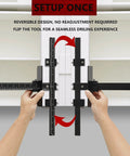 Hands adjusting an all aluminum cabinet hardware jig tool with adjustable drill guide for precise drilling on cabinet doors.