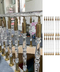 Acrylic Staircase Spindles Bundle With Killer Clear Bubble Design And Top Shelf Steel Hardware For Super Easy Indoor Outdoor Railing Install Includes Twenty Pieces And All Necessary Parts displayed with polished steel mounts and clear acrylic tubes.