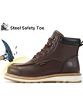 Side view of Six Inch Steel Toe Boots With Moc Toe, Lace Up Safety Boots For Men, Oil And Slip Resistant, Dark Brown.
