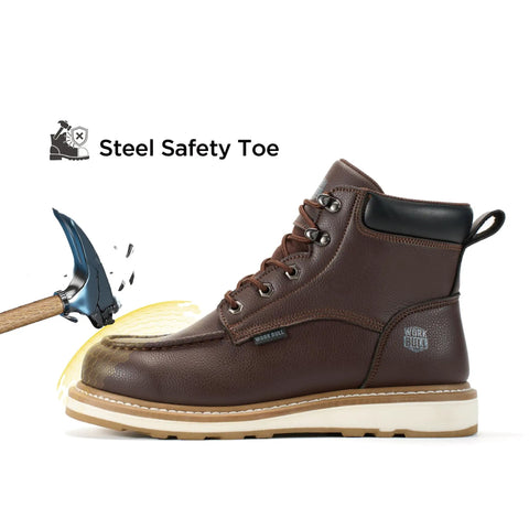 Side view of Six Inch Steel Toe Boots With Moc Toe, Lace Up Safety Boots For Men, Oil And Slip Resistant, Dark Brown.