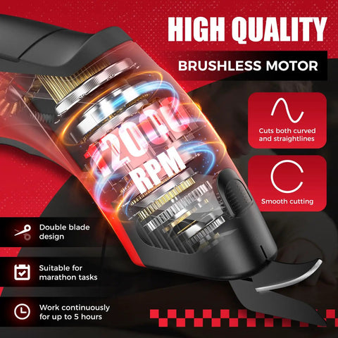 Heavy Duty Electric Box Cutter 3000mAh Cordless Cardboard Scissors With Safety Lock Rechargeable Battery showing brushless motor at 12000 RPM.