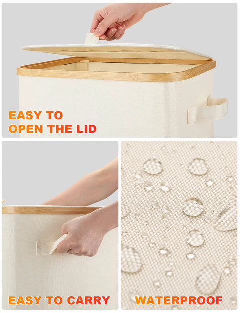 Person opening lid of 60L collapsible laundry basket with lid, waterproof Oxford fabric tote with bamboo frame, beige, easy to carry