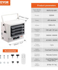Cranks Out 5000W Garage And Workshop Heater with remote, digital control, shown with accessories like screws and remote.