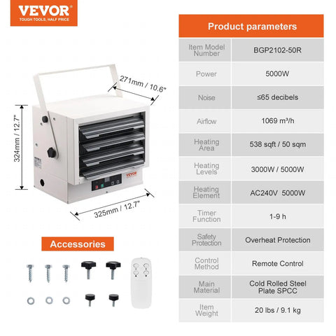 Cranks Out 5000W Garage And Workshop Heater with remote, digital control, shown with accessories like screws and remote.