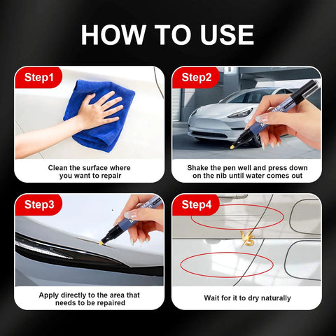 Instructional guide showing how to use Car Scratch Repair Pen For Quick Fixes, Pro Level Auto Touch Up Tool, fast acting and weatherproof.