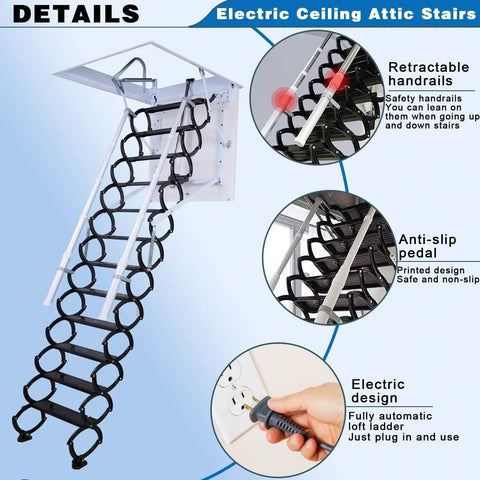 Dead Simple Pull Down Electric Attic Ladder With Retractable Loft Stairs And No Sweat Hands Free Telescoping Rail For Hidden Home Storage Stash In Slick Black with retractable handrails and anti-slip pedals.