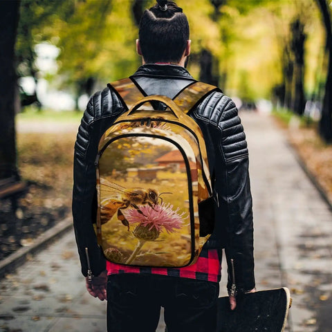 Bees And Wildflower Printed Unisex Backpack With Large Capacity on man in leather jacket walking outdoors