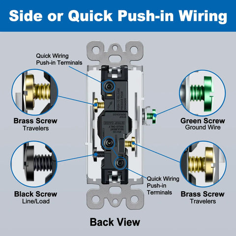 Back view of Three Way Decorator Light Switch White Finish 15 Amp 120 277 Volt Single Pole Or Three Way Rocker Paddle Wall Switch Easy