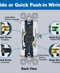 Back view of 30 Pack Three Way Decorator Light Switches, 15 Amp 120 Volt 277 Volt, push-in terminals and screw details.