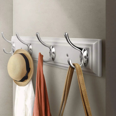 White Wall Mounted Coat Rack With Four Heavy Duty Hooks 17 Inch Wooden Modern Hanger For Coats Keys Bags And More Zinc Alloy Construction