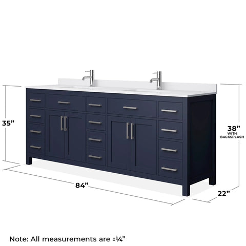 Slick 84 Inch Double Bathroom Vanity In Dark Blue With White Cultured Marble Countertop And Undermount Square Sinks Finished With Brushed Nickel Trim.
