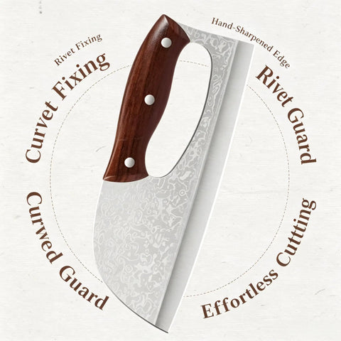 Close-up of 2 Piece Beast Mode Meat Cleaver Knife Set For Effortless Chopping with wood handle and engraved blade detail