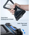 Close-up of IP68 Floating Waterproof Phone Pouch Two Pack With Lanyard showing seamless waterproof shield and anti-pop lock system.